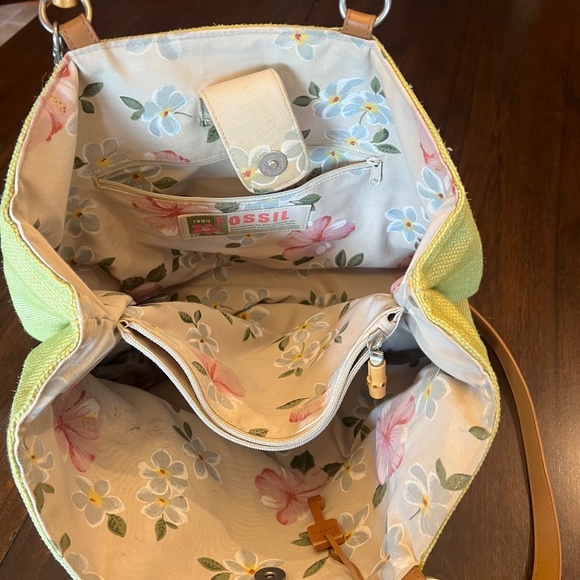 Fossil Bamboo Wooden Handle Woven Satchel Crossbody Lime Green Purse - Picture 6 of 11